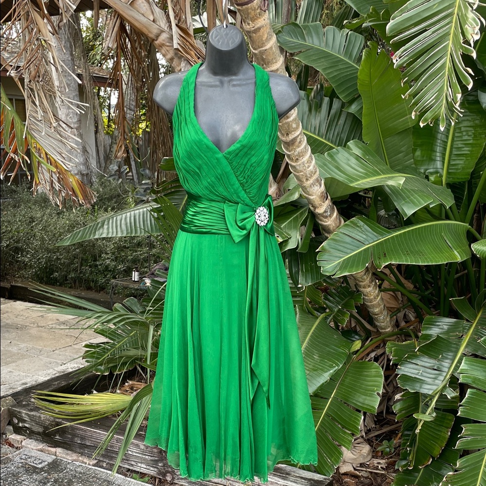 Tadashi Emerald green drop waist pure silk dress